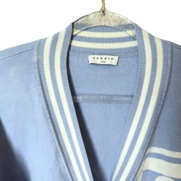 Sandro Paris Opera 'LOVE' Varsity Striped Cardigan Sweater Blue & White L - Picture 9 of 16
